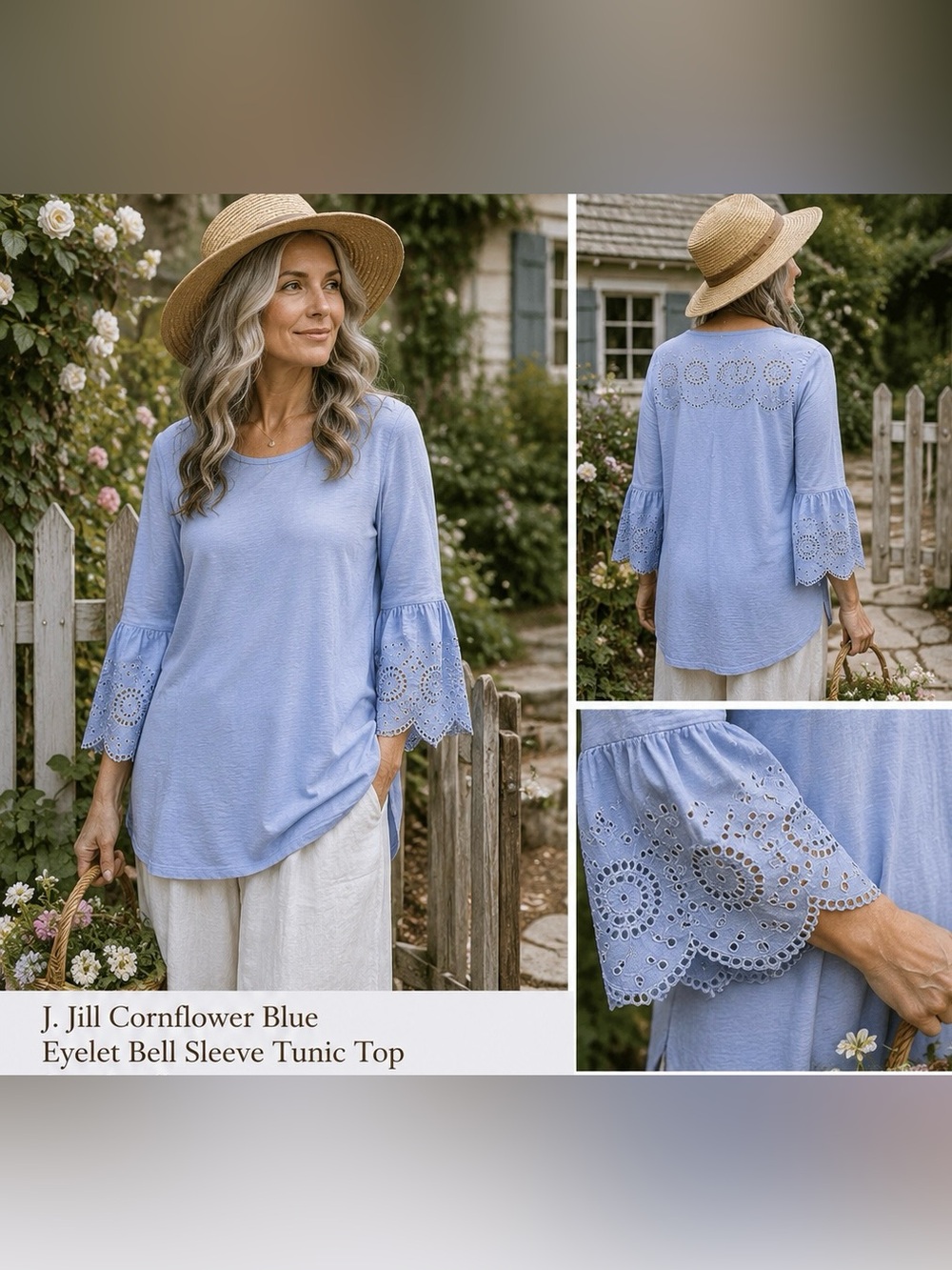 J. Jill Cornflower Blue Eyelet Bell Sleeve Tunic Top Small